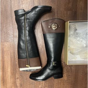 Like new Michael Kors Brown/Black Leather Knee High Zipper Boots in Box
